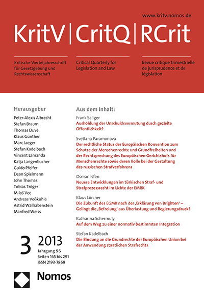 Cover of Volume: KritV Kritische Vierteljahresschrift für Gesetzgebung und Rechtswissenschaft Volume 96 (2013), Edition 3