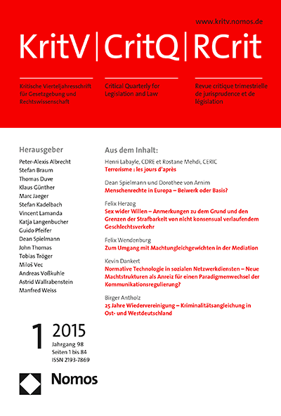 Cover of Volume: KritV Kritische Vierteljahresschrift für Gesetzgebung und Rechtswissenschaft Volume 98 (2015), Edition 1