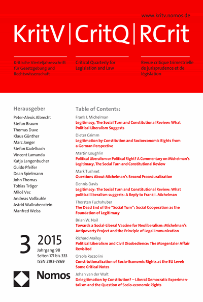 Cover of Volume: KritV Kritische Vierteljahresschrift für Gesetzgebung und Rechtswissenschaft Volume 98 (2015), Edition 3