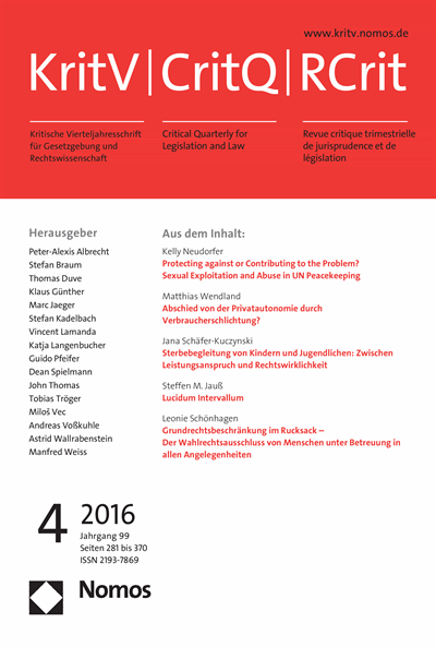 Cover der Ausgabe: KritV Kritische Vierteljahresschrift für Gesetzgebung und Rechtswissenschaft Jahrgang 99 (2016), Heft 4