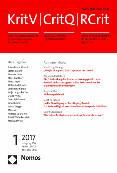 Cover der Ausgabe: KritV Kritische Vierteljahresschrift für Gesetzgebung und Rechtswissenschaft Jahrgang 100 (2017), Heft 1