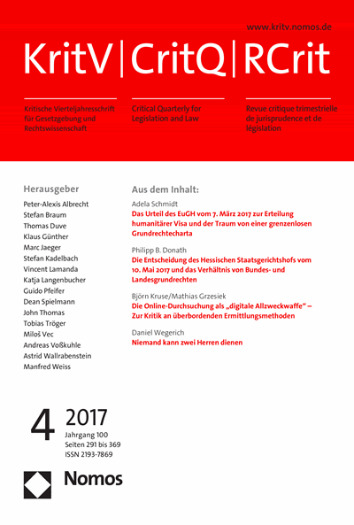Cover der Ausgabe: KritV Kritische Vierteljahresschrift für Gesetzgebung und Rechtswissenschaft Jahrgang 100 (2017), Heft 4