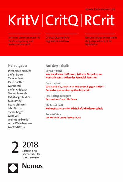 Cover der Ausgabe: KritV Kritische Vierteljahresschrift für Gesetzgebung und Rechtswissenschaft Jahrgang 101 (2018), Heft 2