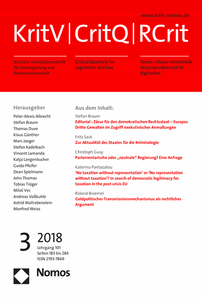 Cover der Ausgabe: KritV Kritische Vierteljahresschrift für Gesetzgebung und Rechtswissenschaft Jahrgang 101 (2018), Heft 3
