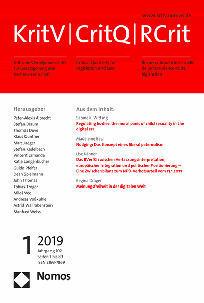 Cover der Ausgabe: KritV Kritische Vierteljahresschrift für Gesetzgebung und Rechtswissenschaft Jahrgang 102 (2019), Heft 1