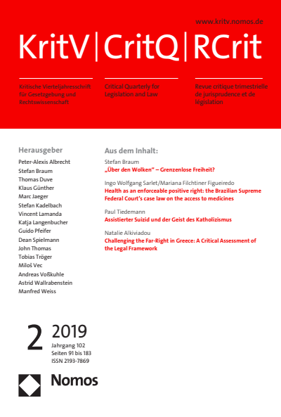 Cover der Ausgabe: KritV Kritische Vierteljahresschrift für Gesetzgebung und Rechtswissenschaft Jahrgang 102 (2019), Heft 2