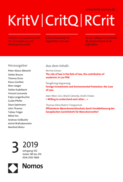 Cover der Ausgabe: KritV Kritische Vierteljahresschrift für Gesetzgebung und Rechtswissenschaft Jahrgang 102 (2019), Heft 3
