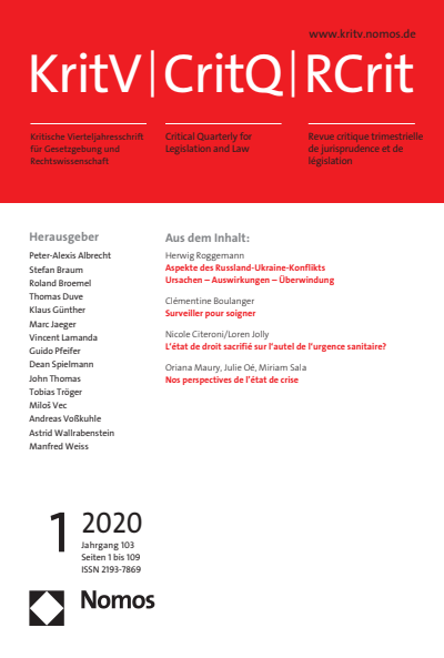 Cover der Ausgabe: KritV Kritische Vierteljahresschrift für Gesetzgebung und Rechtswissenschaft Jahrgang 103 (2020), Heft 1