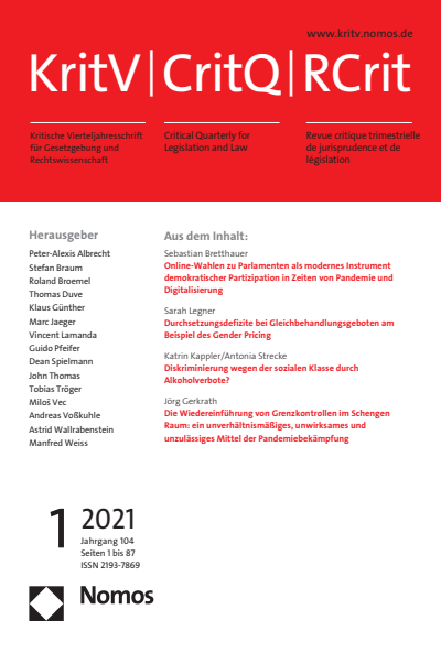 Cover der Ausgabe: KritV Kritische Vierteljahresschrift für Gesetzgebung und Rechtswissenschaft Jahrgang 104 (2021), Heft 1