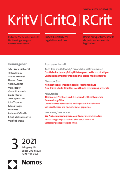 Cover of Volume: KritV Kritische Vierteljahresschrift für Gesetzgebung und Rechtswissenschaft Volume 104 (2021), Edition 3