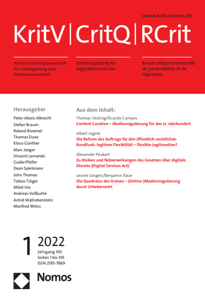 Cover of Volume: KritV Kritische Vierteljahresschrift für Gesetzgebung und Rechtswissenschaft Volume 105 (2022), Edition 1