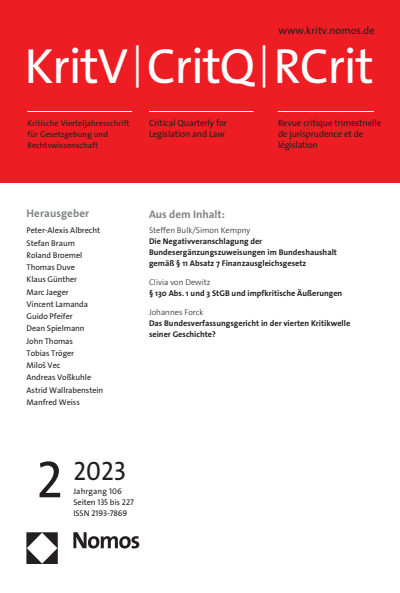 Cover of Volume: KritV Kritische Vierteljahresschrift für Gesetzgebung und Rechtswissenschaft Volume 106 (2023), Edition 2