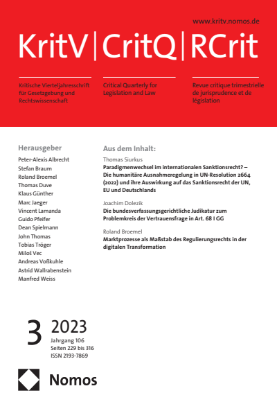 Cover of Volume: KritV Kritische Vierteljahresschrift für Gesetzgebung und Rechtswissenschaft Volume 106 (2023), Edition 3