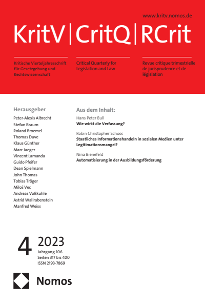 Cover der Ausgabe: KritV Kritische Vierteljahresschrift für Gesetzgebung und Rechtswissenschaft Jahrgang 106 (2023), Heft 4