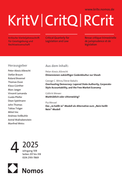 Cover der Ausgabe: KritV Kritische Vierteljahresschrift für Gesetzgebung und Rechtswissenschaft Jahrgang 108 (2025), Heft 4