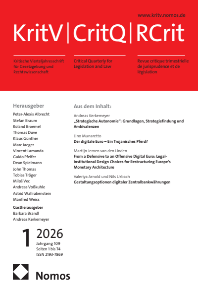Cover of Volume: KritV Kritische Vierteljahresschrift für Gesetzgebung und Rechtswissenschaft Volume 109 (2026), Issue 1