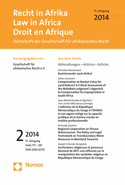 Cover of Volume: RiA Recht in Afrika | Law in Africa | Droit en Afrique Volume 17 (2014), Edition 2