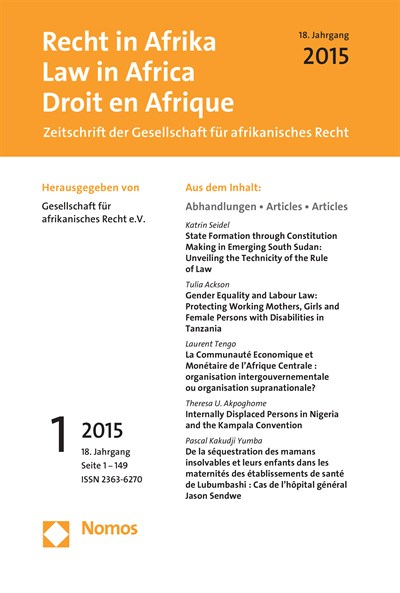 Cover of Volume: RiA Recht in Afrika | Law in Africa | Droit en Afrique Volume 18 (2015), Edition 1