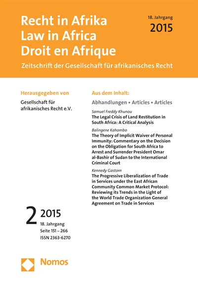 Cover of Volume: RiA Recht in Afrika | Law in Africa | Droit en Afrique Volume 18 (2015), Edition 2