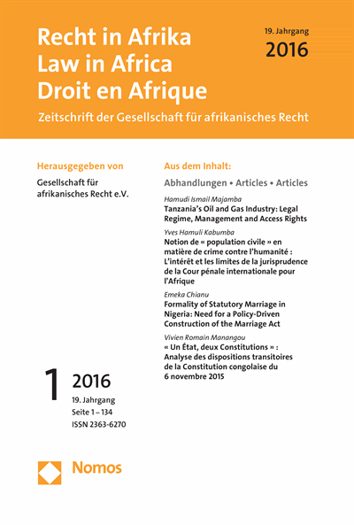 Cover of Volume: RiA Recht in Afrika | Law in Africa | Droit en Afrique Volume 19 (2016), Edition 1