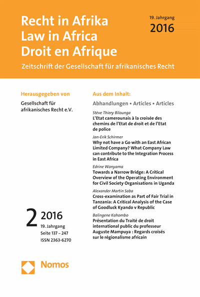 Cover of Volume: RiA Recht in Afrika | Law in Africa | Droit en Afrique Volume 19 (2016), Edition 2