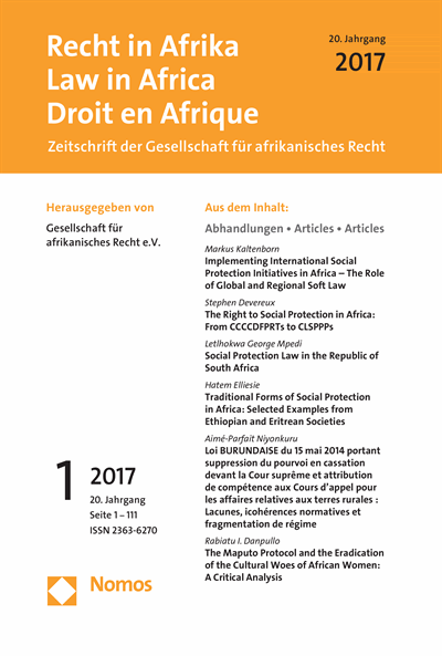 Cover der Ausgabe: RiA Recht in Afrika | Law in Africa | Droit en Afrique Jahrgang 20 (2017), Heft 1