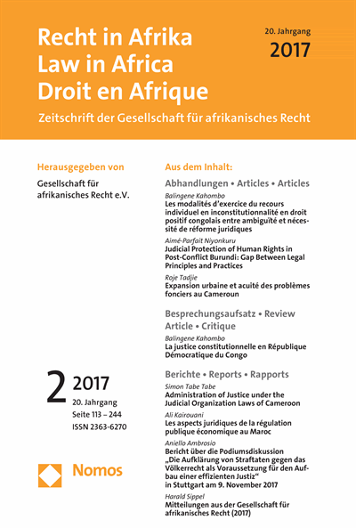 Cover der Ausgabe: RiA Recht in Afrika | Law in Africa | Droit en Afrique Jahrgang 20 (2017), Heft 2
