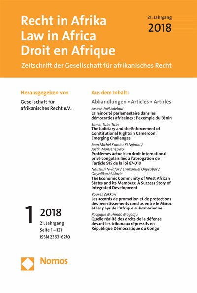 Cover der Ausgabe: RiA Recht in Afrika | Law in Africa | Droit en Afrique Jahrgang 21 (2018), Heft 1