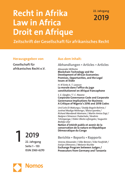 Cover of Volume: RiA Recht in Afrika | Law in Africa | Droit en Afrique Volume 22 (2019), Edition 1