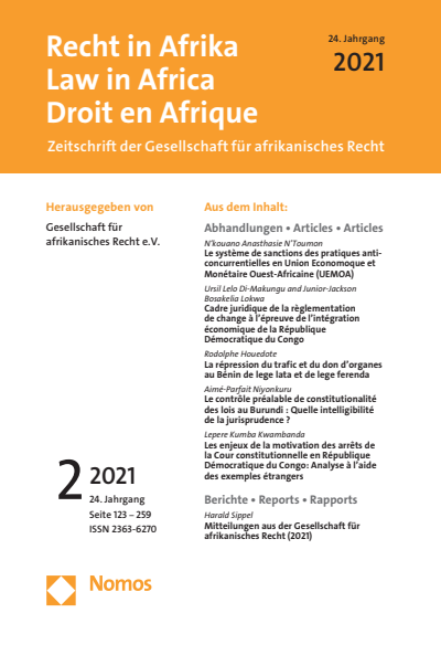 Cover der Ausgabe: RiA Recht in Afrika | Law in Africa | Droit en Afrique Jahrgang 24 (2021), Heft 2