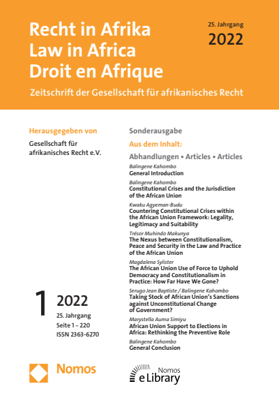 Cover der Ausgabe: RiA Recht in Afrika | Law in Africa | Droit en Afrique Jahrgang 25 (2022), Heft 1