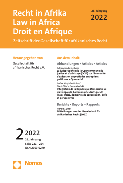 Cover der Ausgabe: RiA Recht in Afrika | Law in Africa | Droit en Afrique Jahrgang 25 (2022), Heft 2