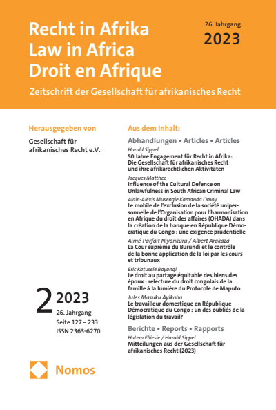 Cover der Ausgabe: RiA Recht in Afrika | Law in Africa | Droit en Afrique Jahrgang 26 (2023), Heft 2