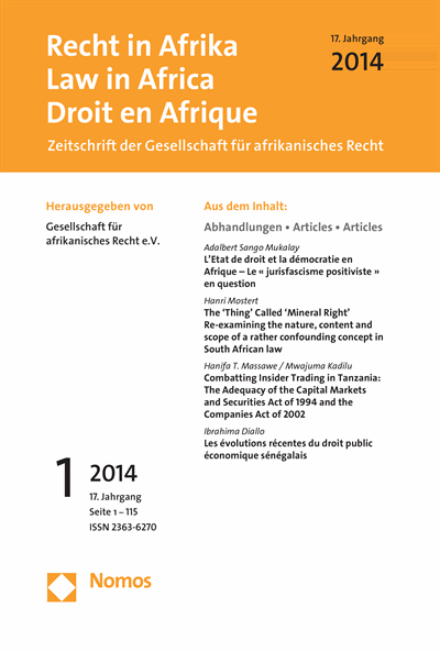 Cover of Volume: RiA Recht in Afrika | Law in Africa | Droit en Afrique Volume 17 (2014), Edition 1