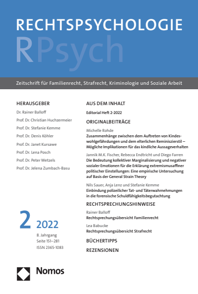Cover der Ausgabe: RPsych Rechtspsychologie Jahrgang 8 (2022), Heft 2