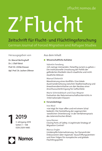 Cover der Ausgabe: Z'Flucht. Zeitschrift für Flucht- und Flüchtlingsforschung Jahrgang 3 (2019), Heft 1