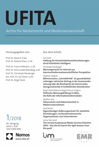 Cover of Volume: UFITA Archiv für Medienrecht und Medienwissenschaft Volume 82 (2018), Edition 1
