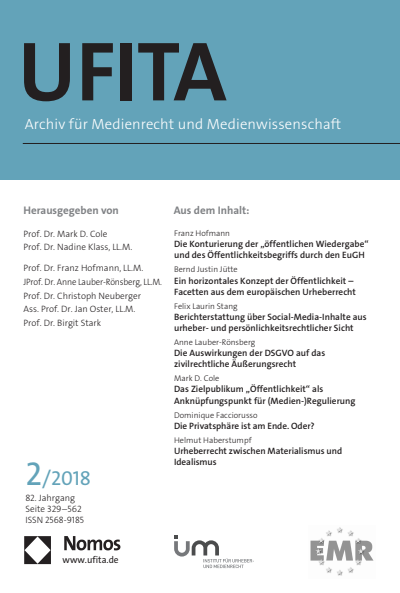 Cover of Volume: UFITA Archiv für Medienrecht und Medienwissenschaft Volume 82 (2018), Edition 2
