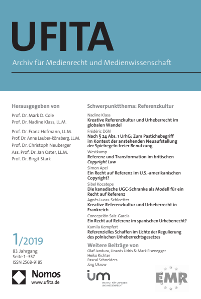 Cover of Volume: UFITA Archiv für Medienrecht und Medienwissenschaft Volume 83 (2019), Edition 1
