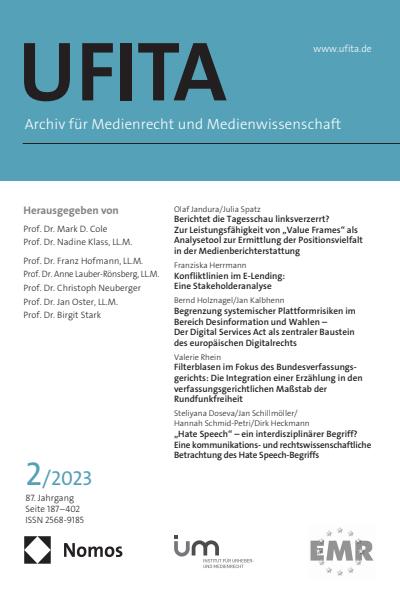 Cover der Ausgabe: UFITA Archiv für Medienrecht und Medienwissenschaft Jahrgang 87 (2023), Heft 2