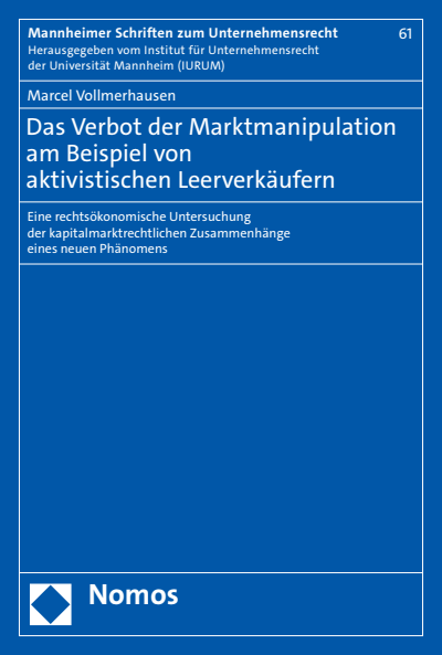 Cover des Buchs: Das Verbot der Marktmanipulation am Beispiel von aktivistischen Leerverkäufern