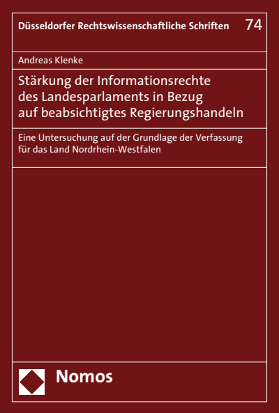 Cover des Buchs: Stärkung der Informationsrechte des Landesparlaments in Bezug auf beabsichtigtes Regierungshandeln
