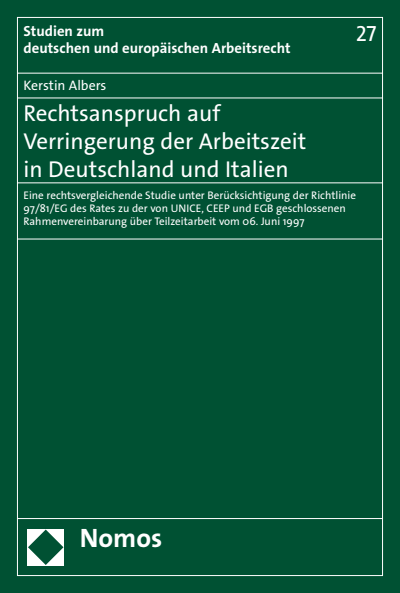 Cover of book: Rechtsanspruch auf Verringerung der Arbeitszeit in Deutschland und Italien