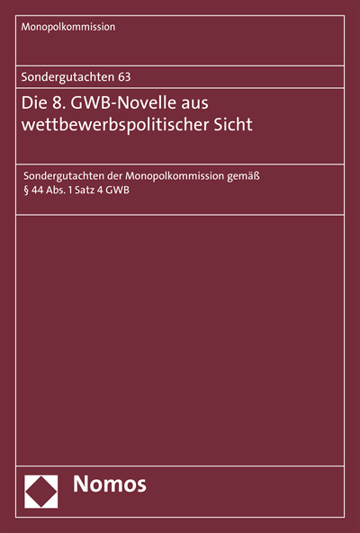 Cover of book: Sondergutachten 63: Die 8. GWB-Novelle aus wettbewerbspolitischer Sicht