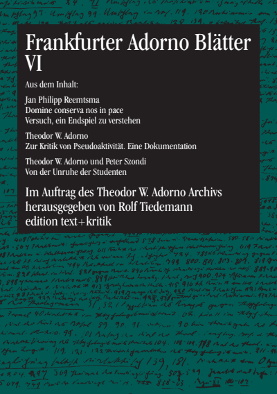 Cover of book: Frankfurter Adorno Blätter VI